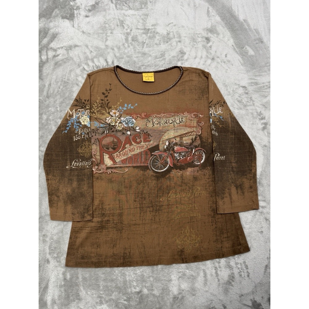 Vintage Y2K Katina Marie Top Womens Medium Brown‎ Shirt Motorcycle Biker Floral